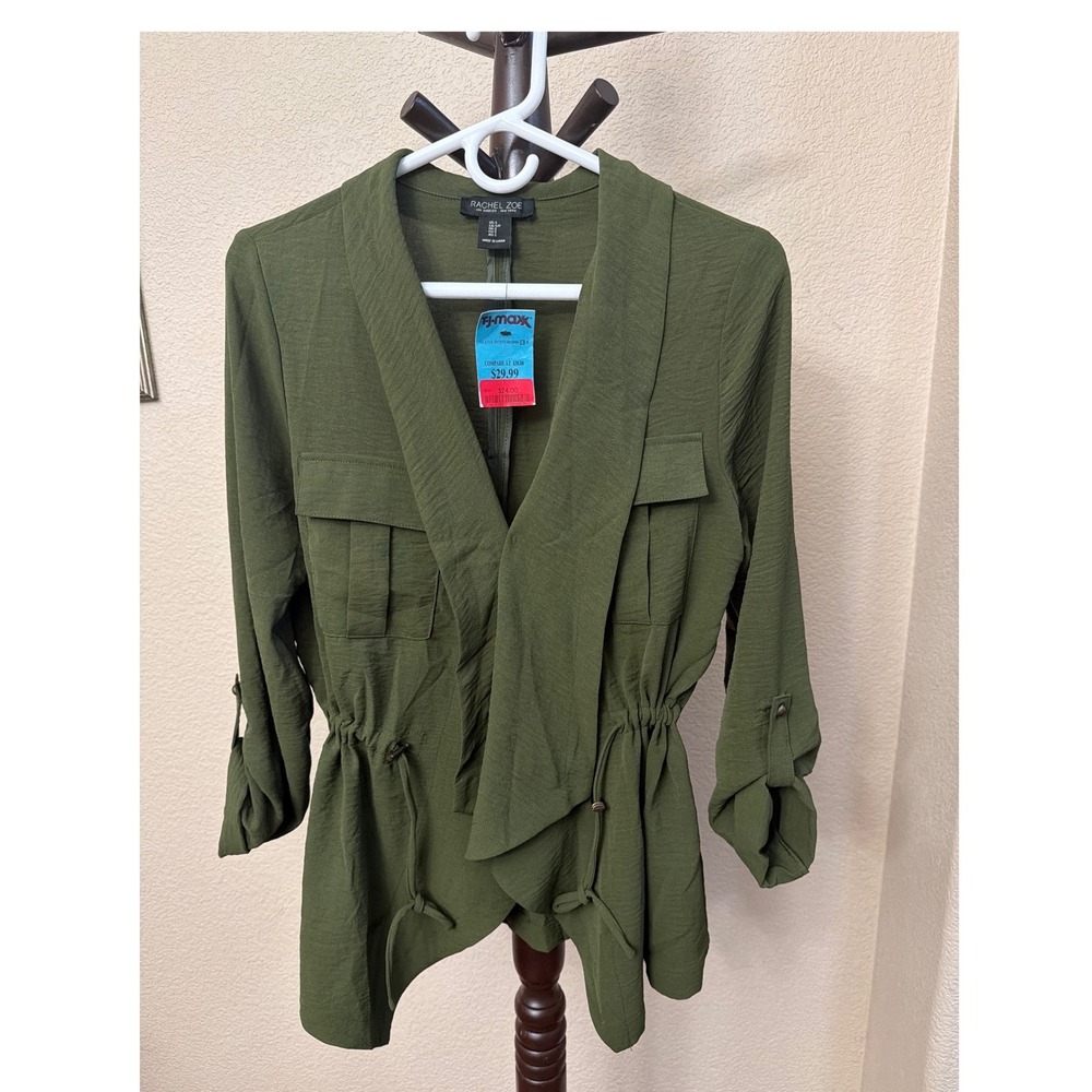 Rachel Zoe Olive Green Utility Jacket Draped Open Front Drawstring Waist Small